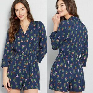 Modcloth Navy Blue Cactus Print Romper Size Small